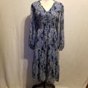 Joie XL Dress Midi Blue Paisley Tiered Chiffon Lined Whimsy Fairy Boho Cottage
